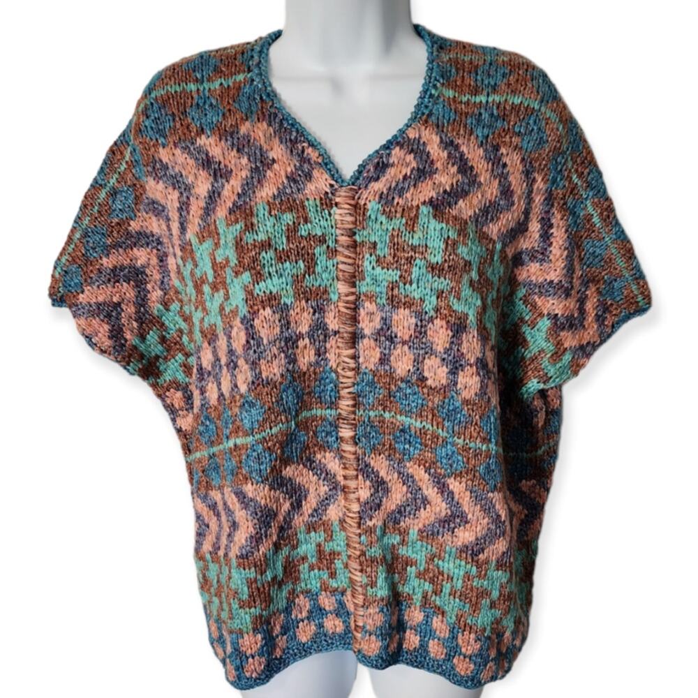 Vintage Joan Vass Hand Knit Patterned Short Sleeve V Neck Sweater